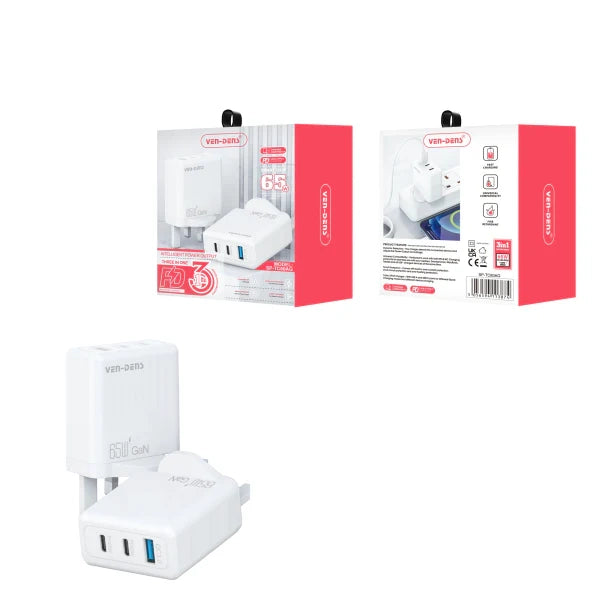 3 In 1 USB-A+Dual USB-C Super Fast Charging Plug 65W