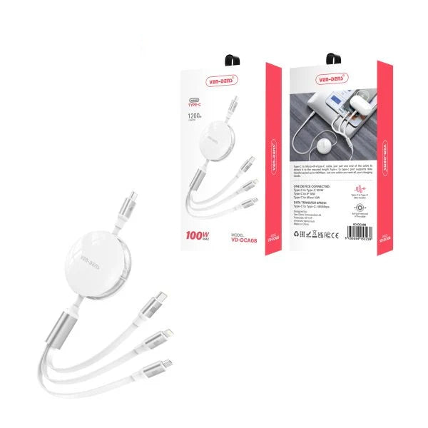 3-in-1 Micro USB + Lightning + USB-C Charging Cable 100W